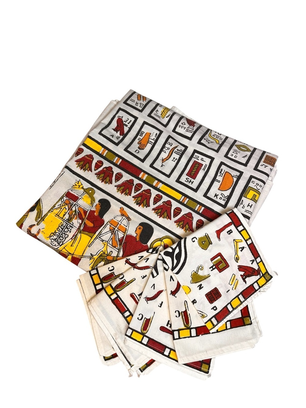 Vintage Egyptian Hieroglyphics Rectangle Tablecloth 8’x4’ (5) Napkins Set